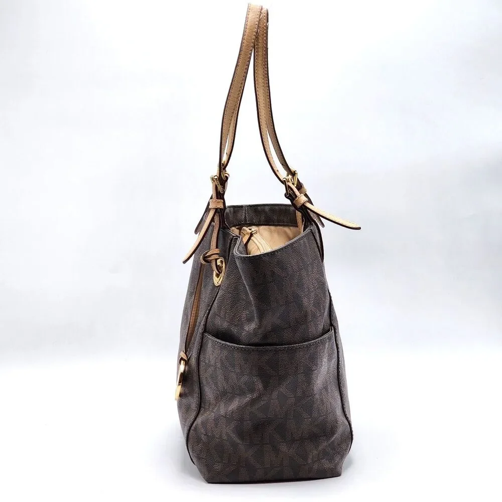 Michael Kors Coated Canvas Monogram MK Leather Trim Large Tote Bag Brown